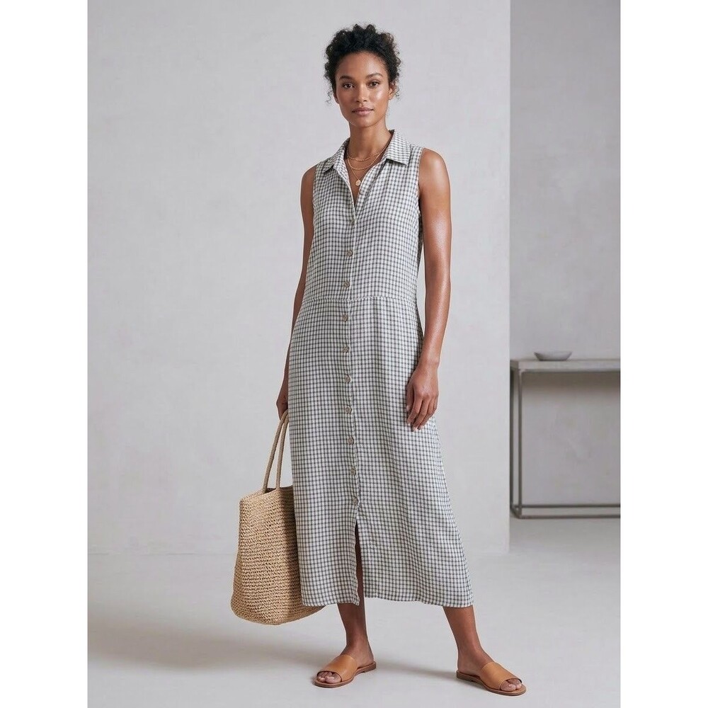 FLAX 100% Linen Gingham Plaid Sleeveless Button Front Maxi Dress - S